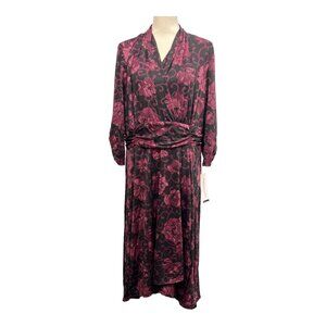 Perceptions Dress Womens 1X Purple Dark Floral Faux Wrap Jersey Knit Midi Career